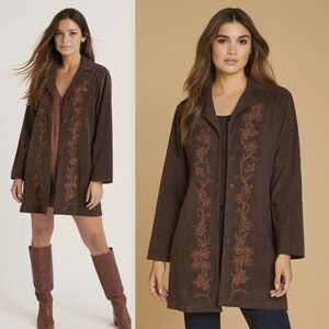 SUSAN GRAVER Vintage Faux Suede Brown Embroidered Button Front Coat, Size L